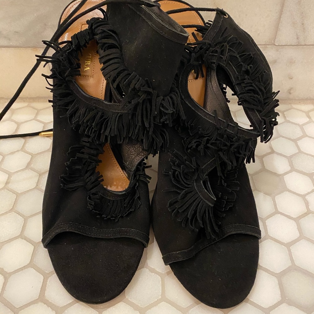 Aquazurra Black Suede Fringe Heels.